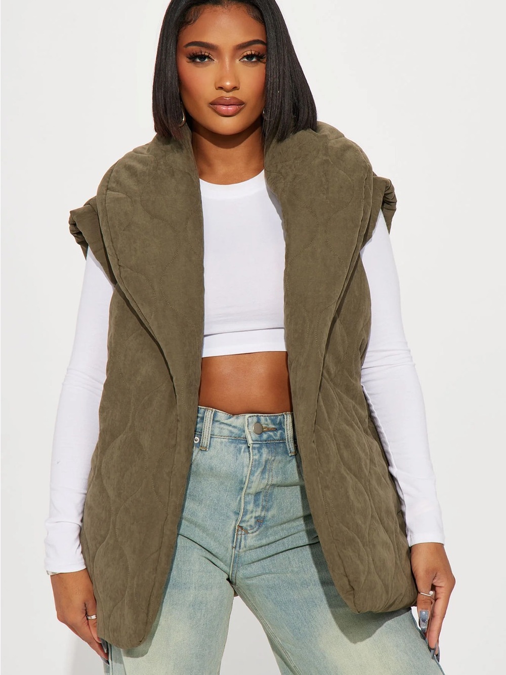 Fashion Nova Living On A Cloud Olive Quilted Hooded Belted Vest M NWT
